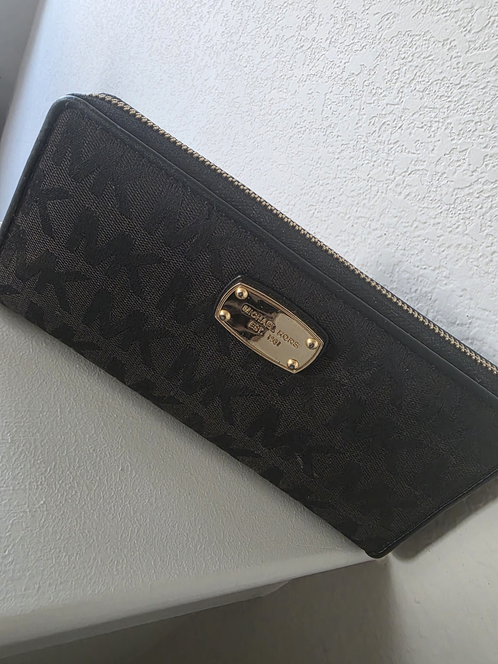 Michael Kors Black and Gold Logo Zip Around Wallet